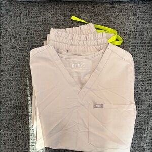 Figs Light Tan Scrub Set with Bright Yellow Drawstring